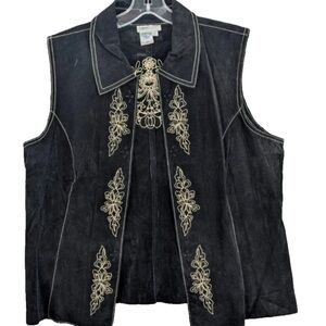 COLDWATER CREEK Boho Western Black Suede Leather Embroidered Vest